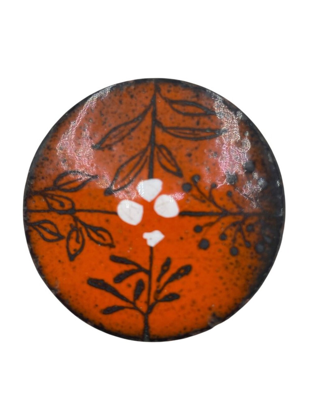 Handcrafted Vintage Copper Enamel Floral Brooch Pin Orange & Black Design 1.75"